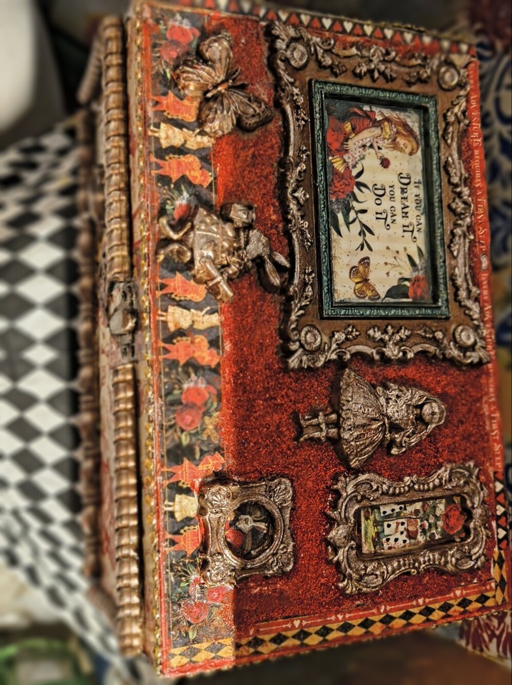 Alice-Inspired Jewelry Box in Red with Antique Gold Accents